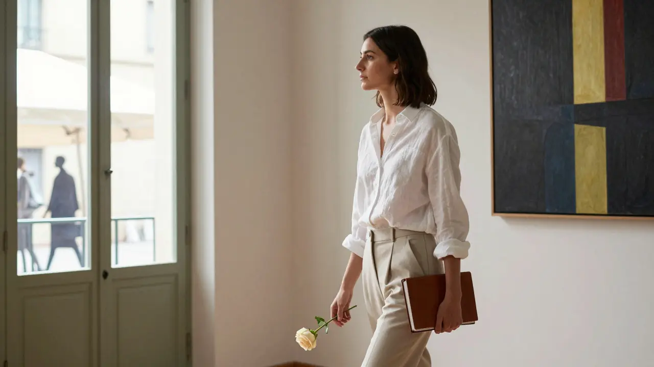 A poised woman walks through a sunlit Brera apartment, holding a notebook and a rose, surrounded by modern art.
