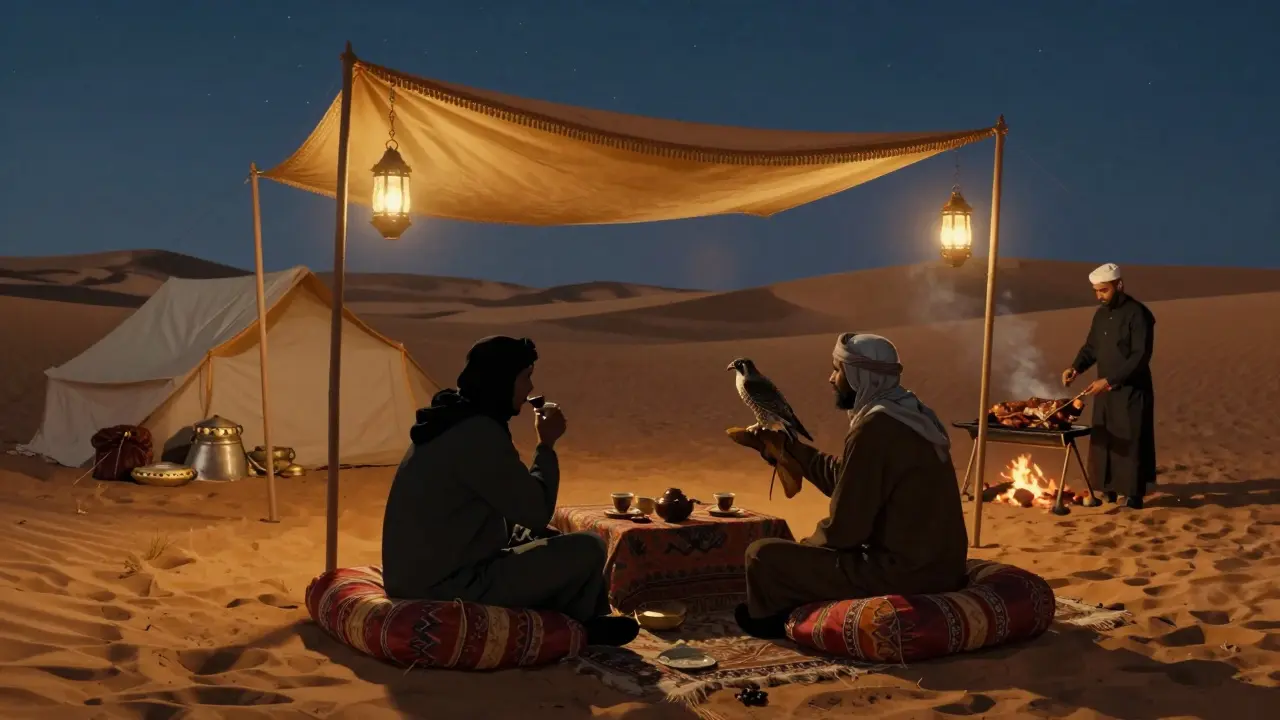 A private desert camp at twilight with lanterns, silk cushions, and a falcon beside a chef grilling lamb over coals.