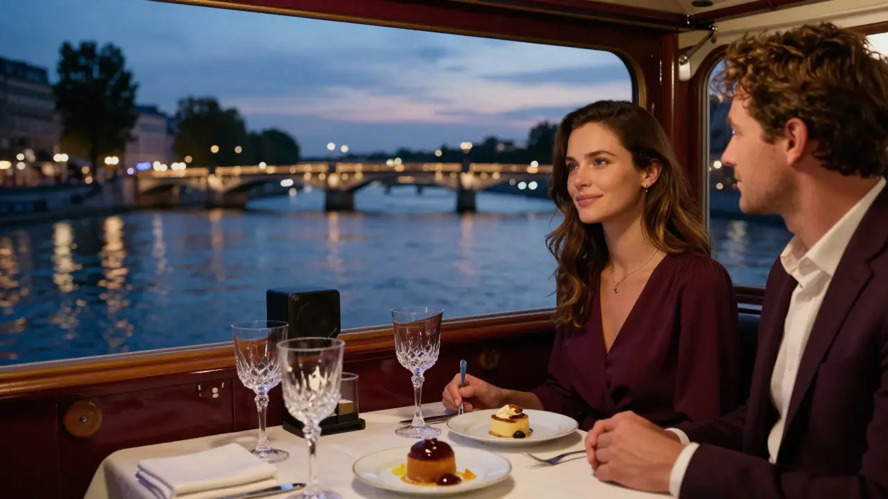 A private dinner on a Seine riverboat at twilight, with city lights reflecting on the water.