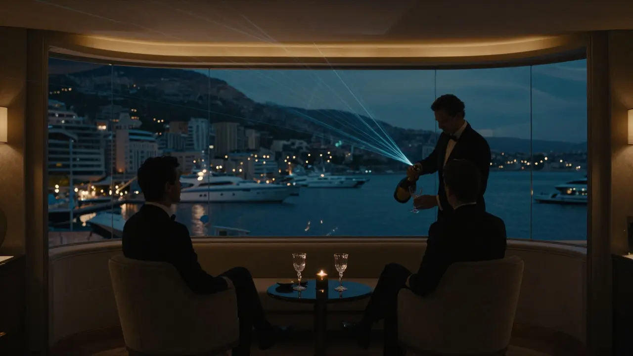 A private VIP room in a Monaco nightclub with a butler pouring champagne, overlooking the harbor at dawn.