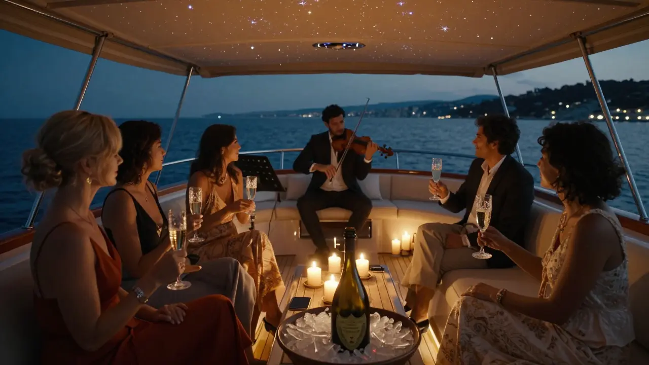 A private yacht deck at midnight with a string quartet playing, guests in formal wear sipping champagne under starlit skies, no phones visible.