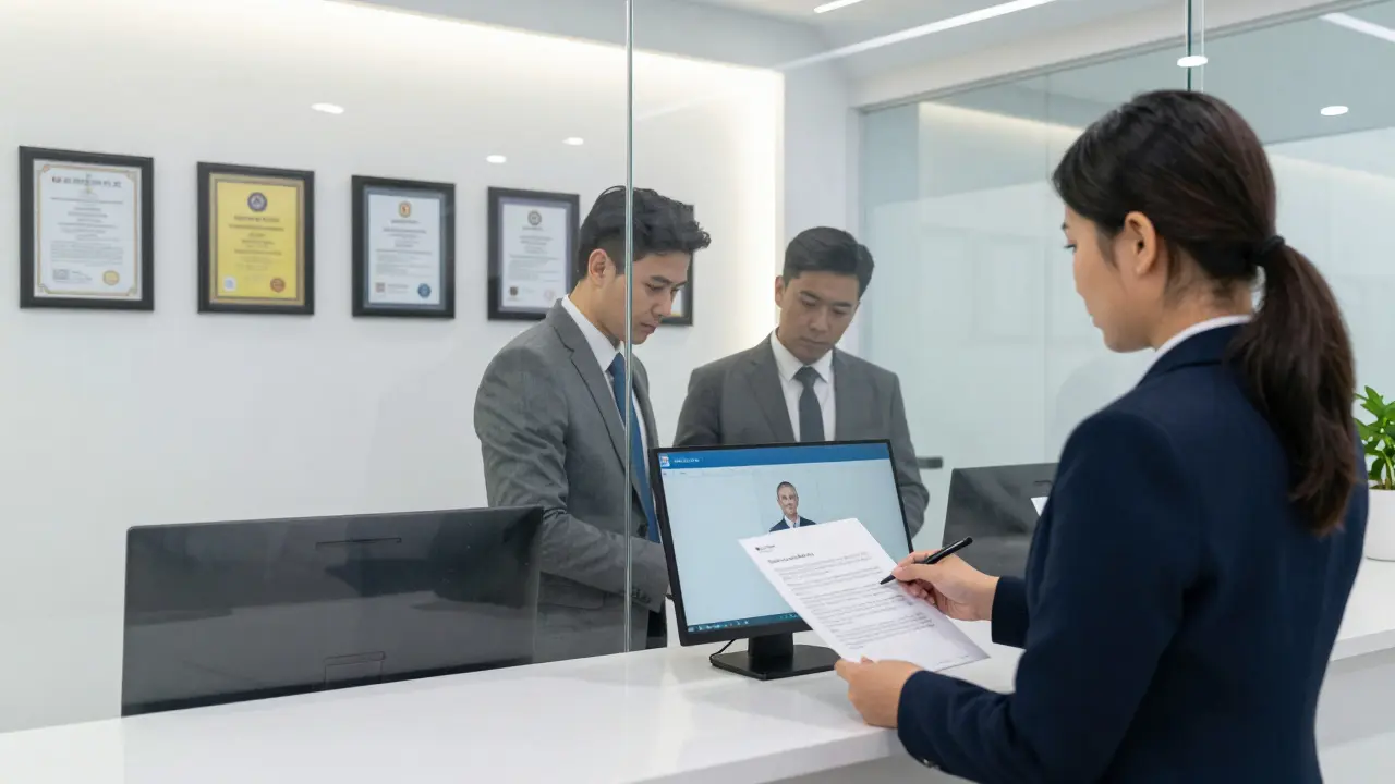 A professional agency office in Dubai where ID verification and contracts are reviewed under secure lighting.