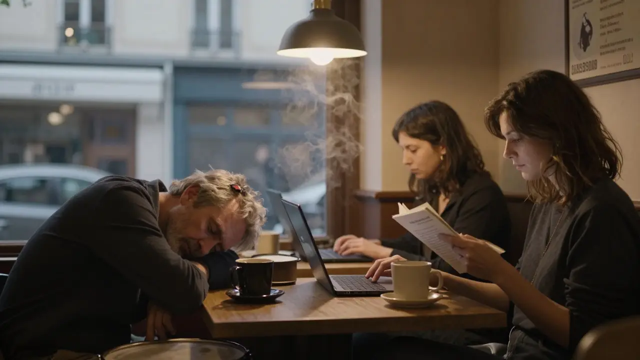 A quiet 3 a.m. café in Paris with a drummer sleeping, a reader aloud, and warm light on mismatched mugs.