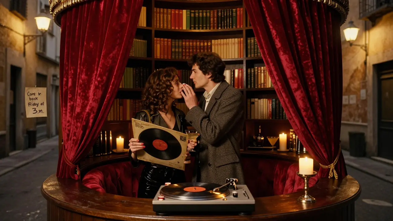 A secret red velvet bar behind a bookshelf, with a bartender mixing drinks and a vinyl record spinning in low candlelight.