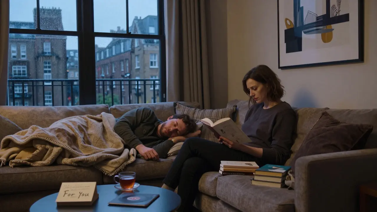 A serene evening in a Belgravia flat, with a sleeping man on a couch and a woman reading by the window.