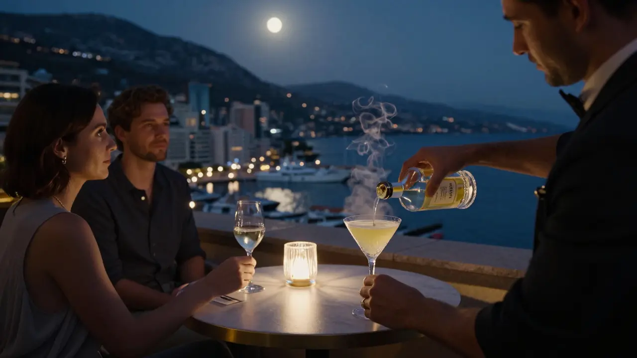A serene rooftop bar at night with cocktails and panoramic harbor views, two quiet guests enjoying the calm luxury of Monaco.