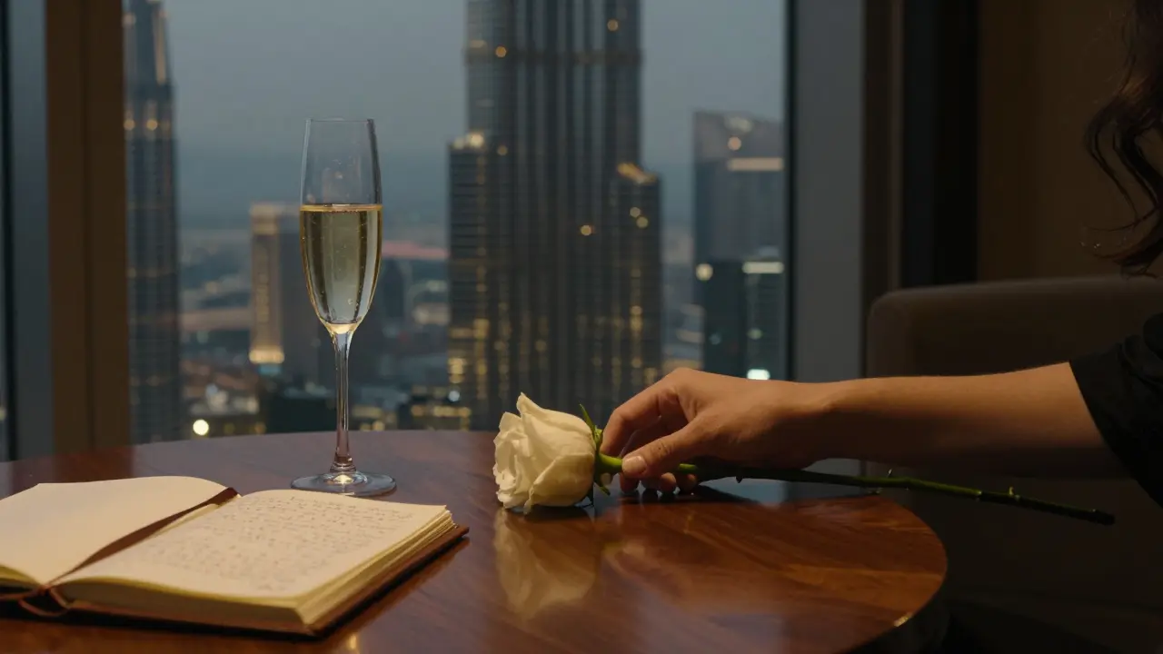 A single white rose on a mahogany table in a rooftop lounge, with the Burj Khalifa glowing in the distance.