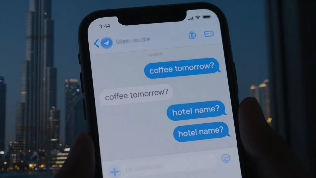 A smartphone screen showing vague Telegram messages with Dubai skyline reflected in the window.
