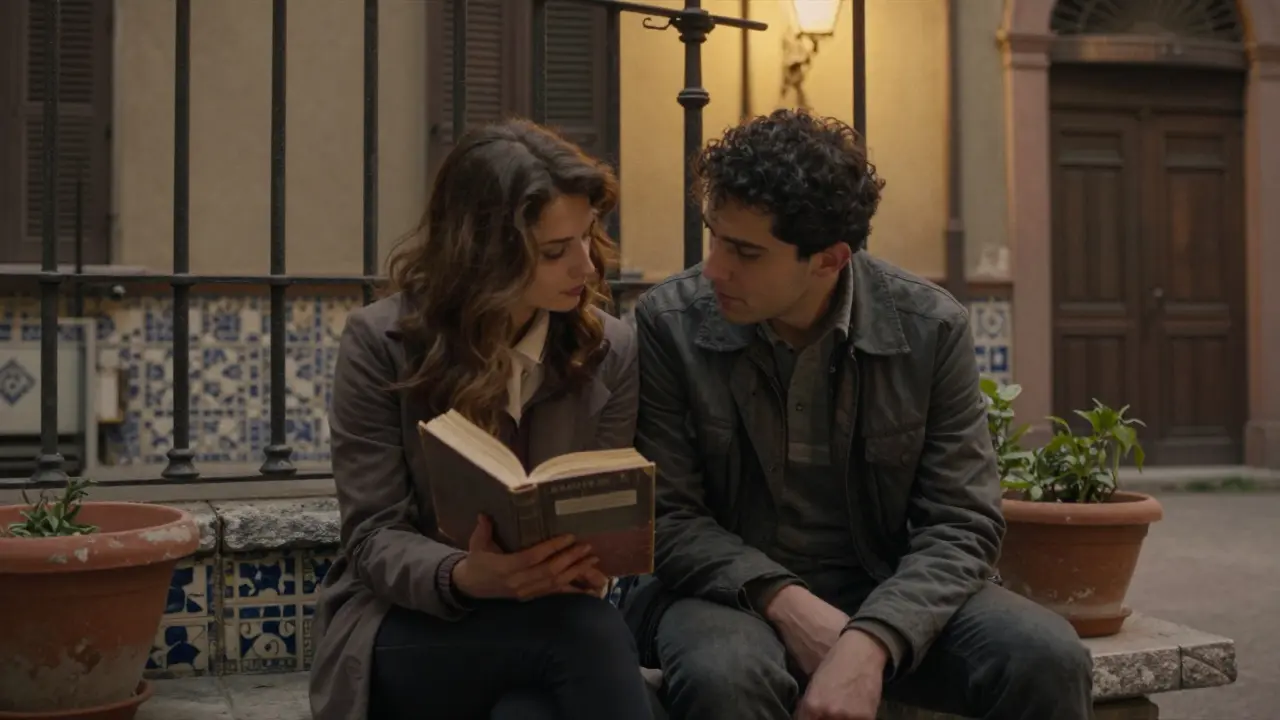 A woman holding a book in a hidden Milan courtyard, a man listening intently under a streetlamp.