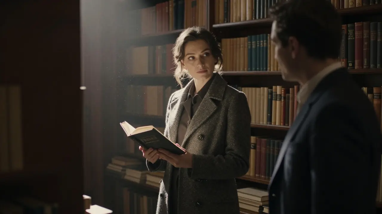 A woman holding a first edition of Proust in a quiet Parisian bookstore, lit by soft afternoon light.