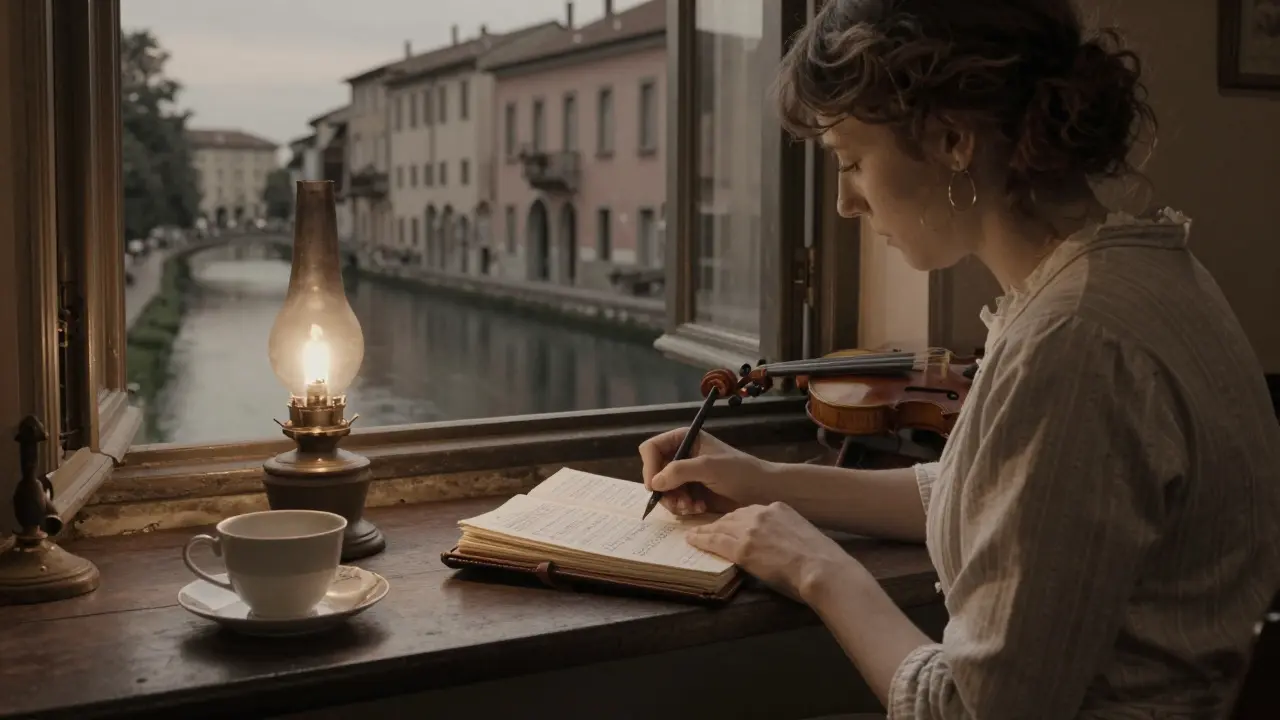A woman in the 1800s records coded appointments in a ledger by gaslight near Milan's canals.