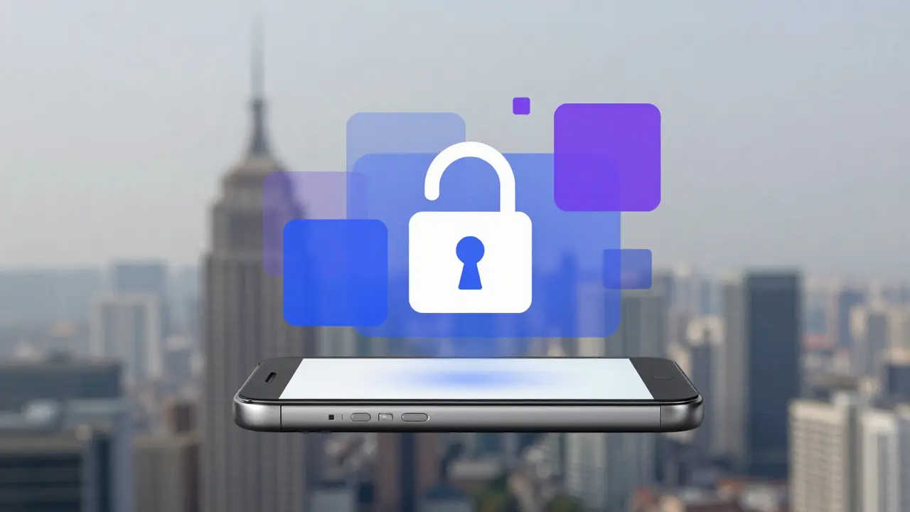 Abstract encrypted communication with lock icon.