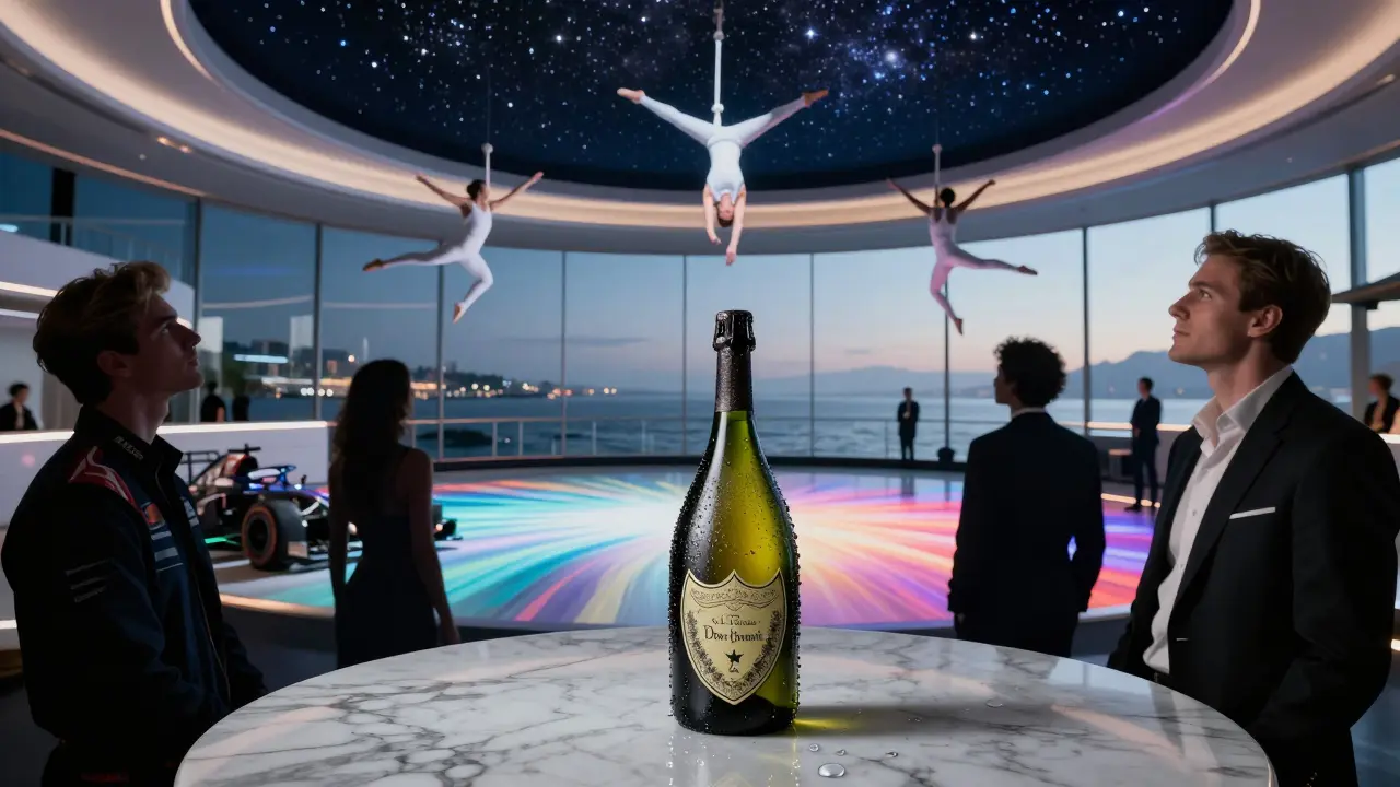 Acrobats performing above a glowing dance floor as elite patrons watch in awe, surrounded by shimmering light and luxury bottles.