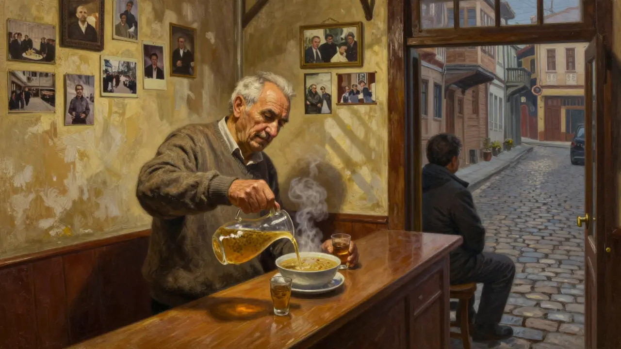 An elderly man pouring raki in a quiet 24-hour meyhane at 3 a.m., warm lamplight and steam rising from food.