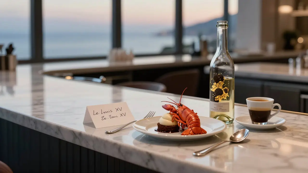 An empty chef’s counter at a Michelin-starred restaurant after midnight, with a handwritten note and untouched gourmet dish.