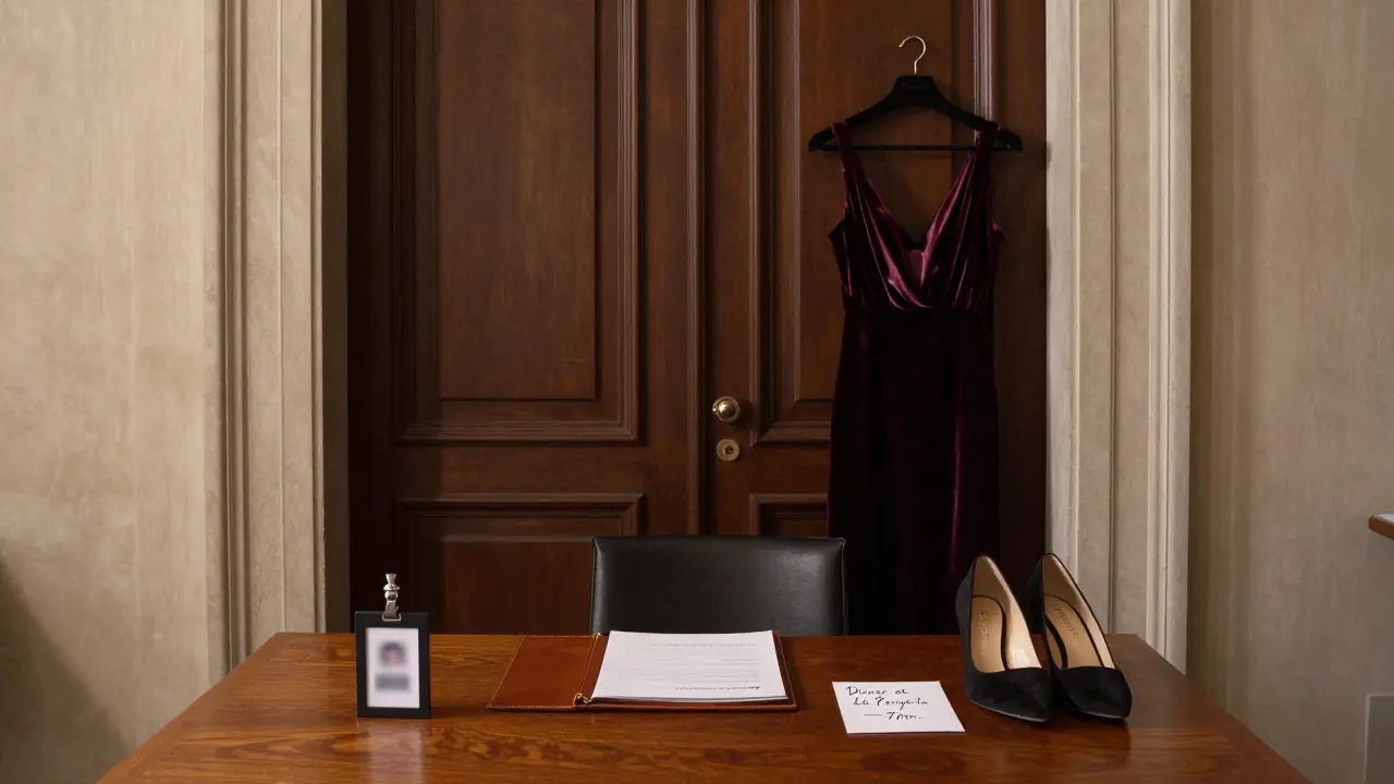 An exclusive escort agency's private office with a leather file, framed ID, and elegant attire — no digital devices visible.