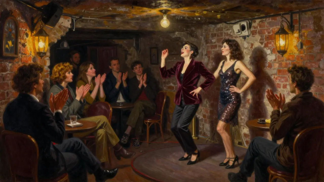 An intimate basement cabaret in Pigalle with a singer dancing among locals under flickering lanterns.
