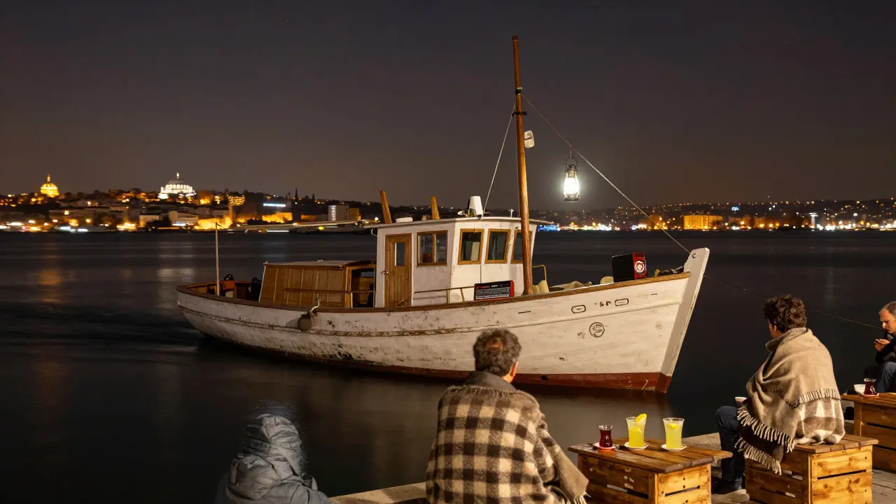 An old wooden fishing boat drifting at night on the Bosphorus with lanterns and passengers sipping tea under starlight.