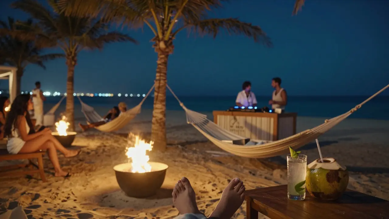 Beachside lounge at night with fire pits, hammocks, and stars over the Arabian Gulf.