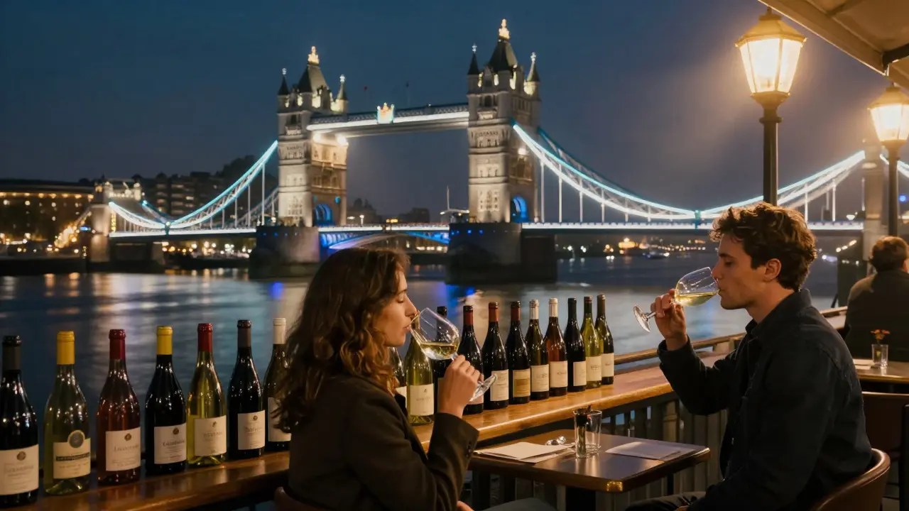Couples sipping wine on a lantern-lit riverside terrace under the glow of Tower Bridge.