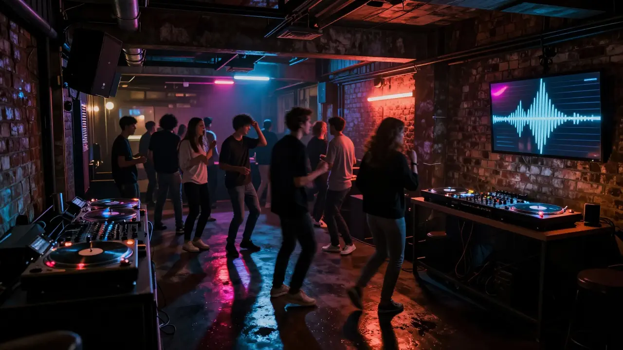 Crowd dancing in an industrial underground club with neon lights and vinyl turntables under pulsing strobes.