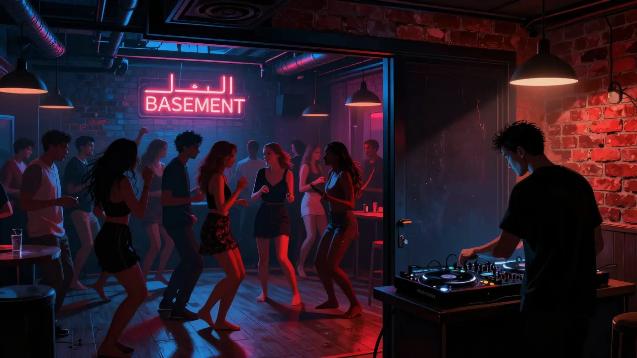 Crowd dancing in an underground club with neon signs and exposed brick walls.