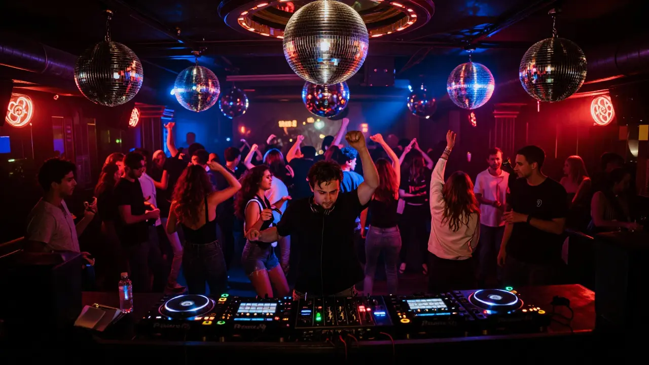Dancers under neon lights at Le Palace nightclub, with a DJ spinning music on stage.
