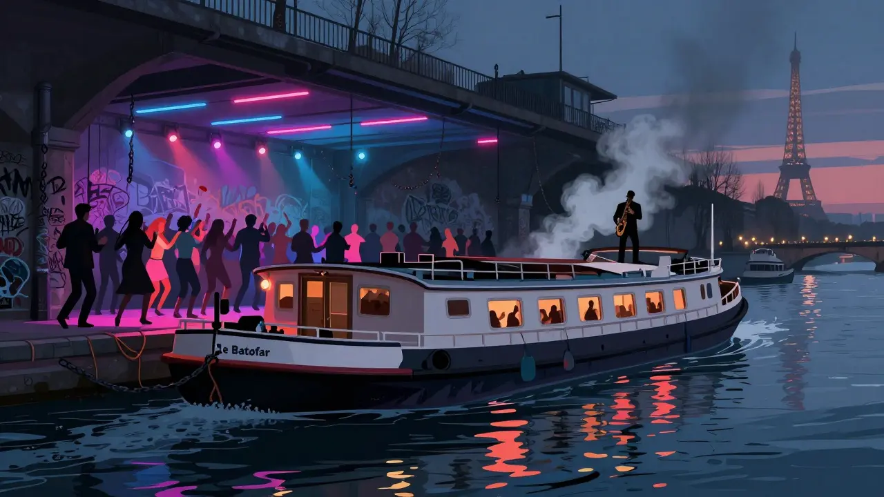 Dancers under neon lights on Le Batofar, a barge club on the Seine with electronic music and graffiti walls.
