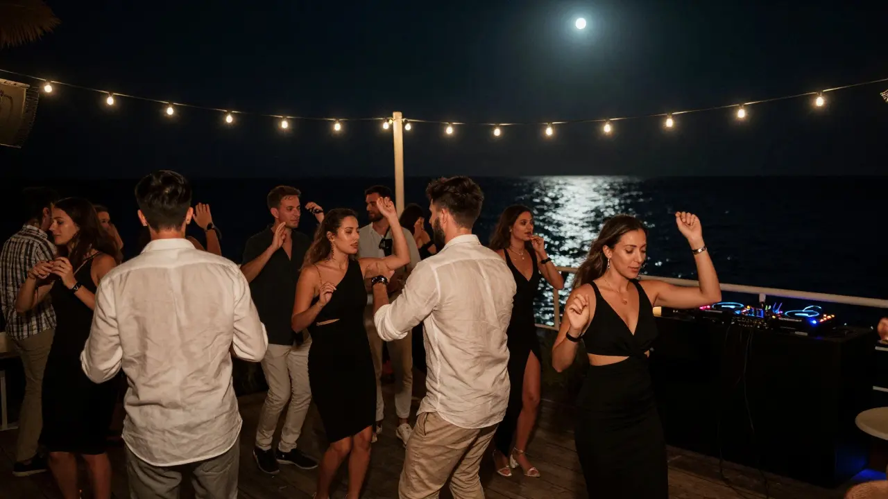 Dancers under string lights at a waterfront nightclub with ocean views and elegant evening attire.