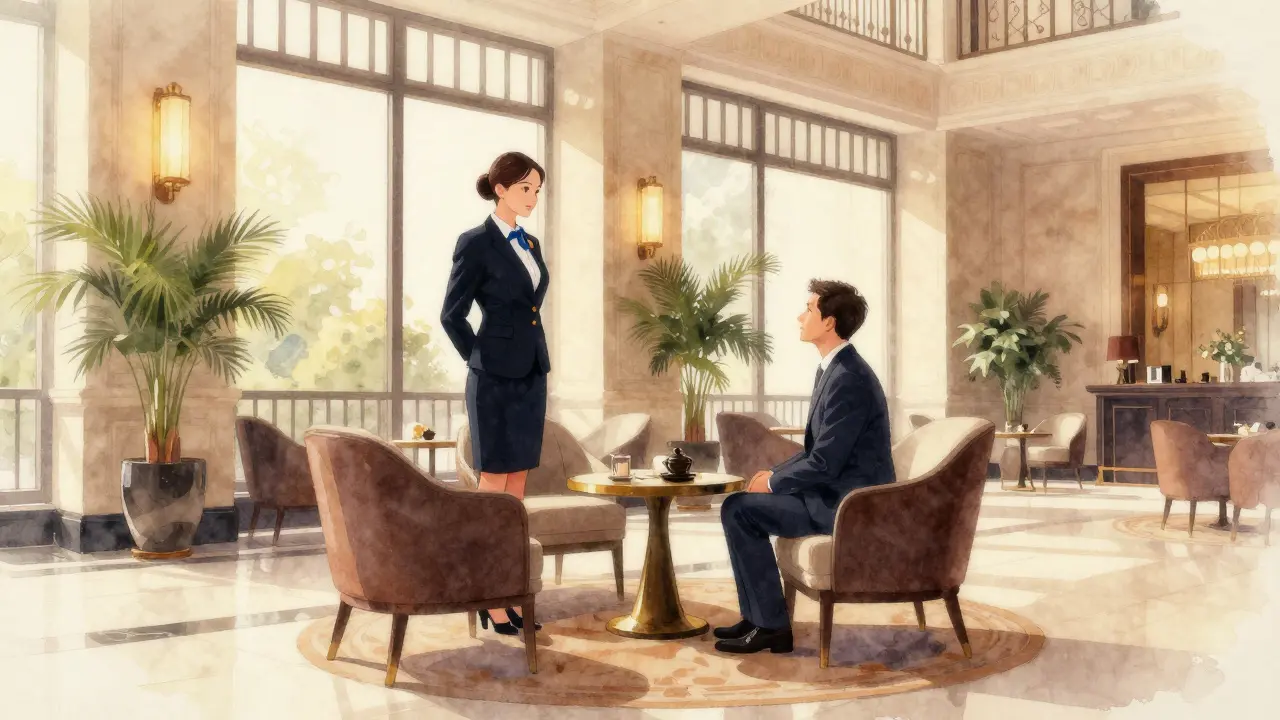 Discreet meeting in luxury hotel room.