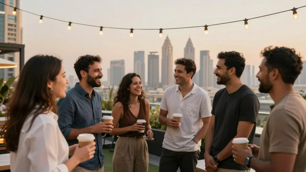 Diverse group of people socializing at a rooftop expat meetup in Dubai under string lights.