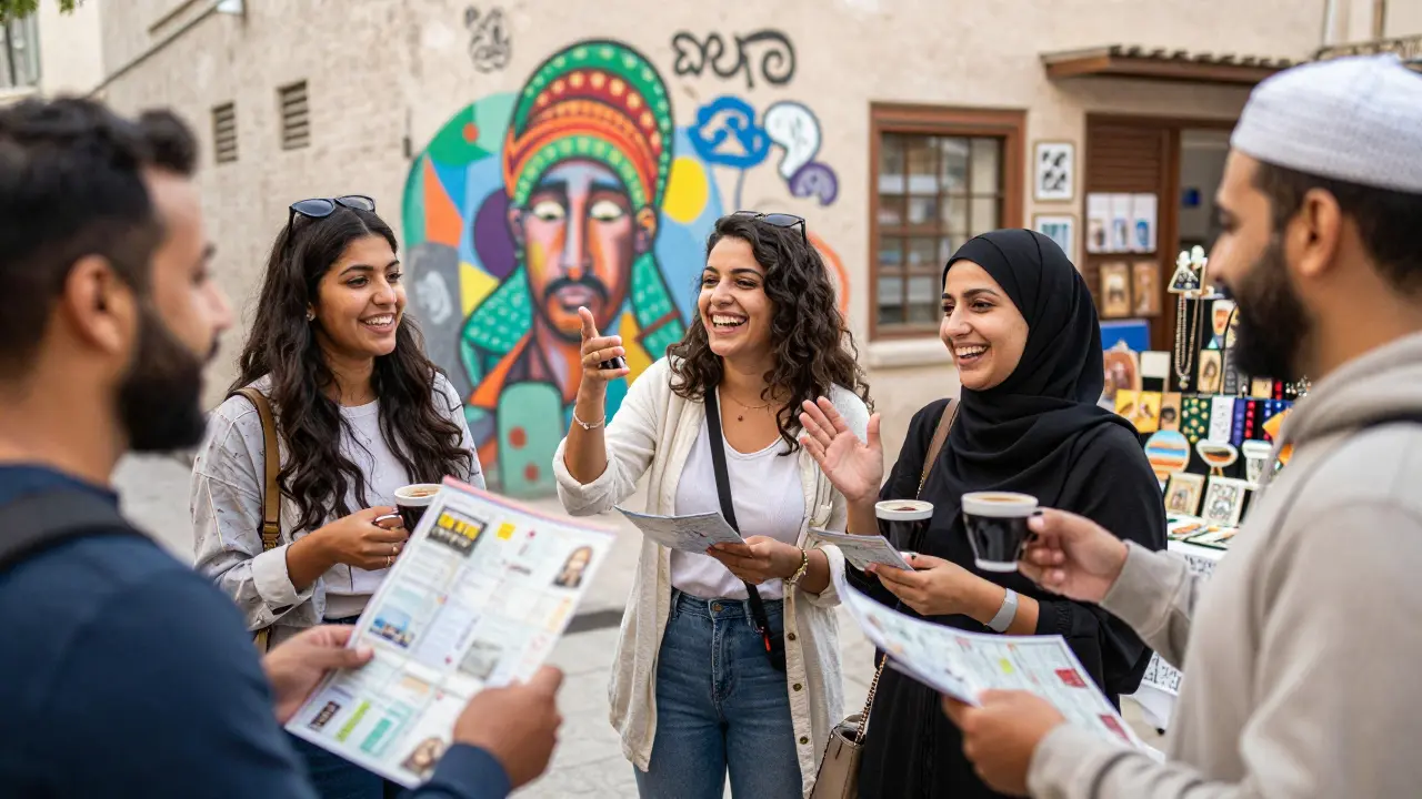 Expats enjoying a cultural tour in Dubai, laughing together at an art district event.