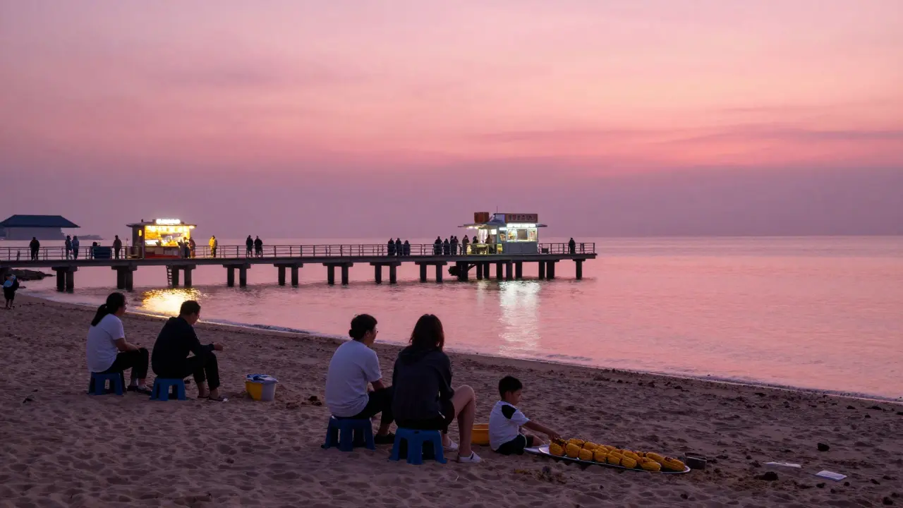 Families enjoy a peaceful sunset at La Mer Beach, watching the sky turn pink over calm water with food trucks nearby.
