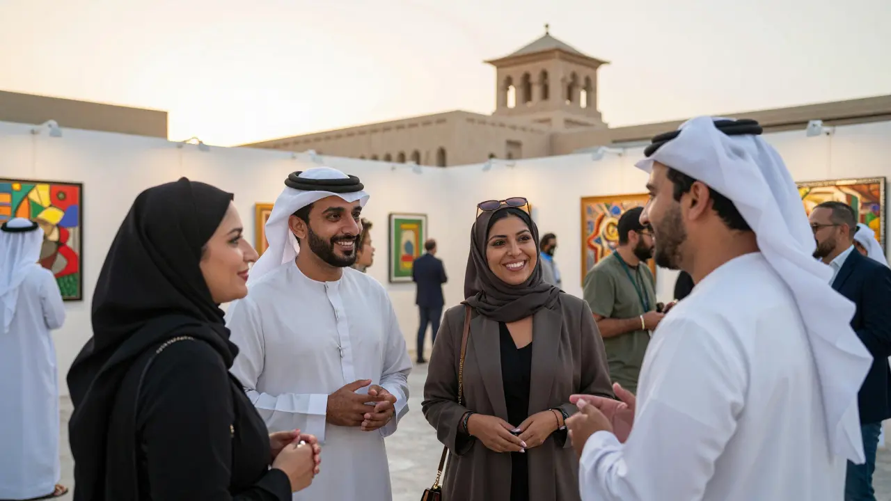 Group at Abu Dhabi Art Fair examining artworks with traditional architecture.