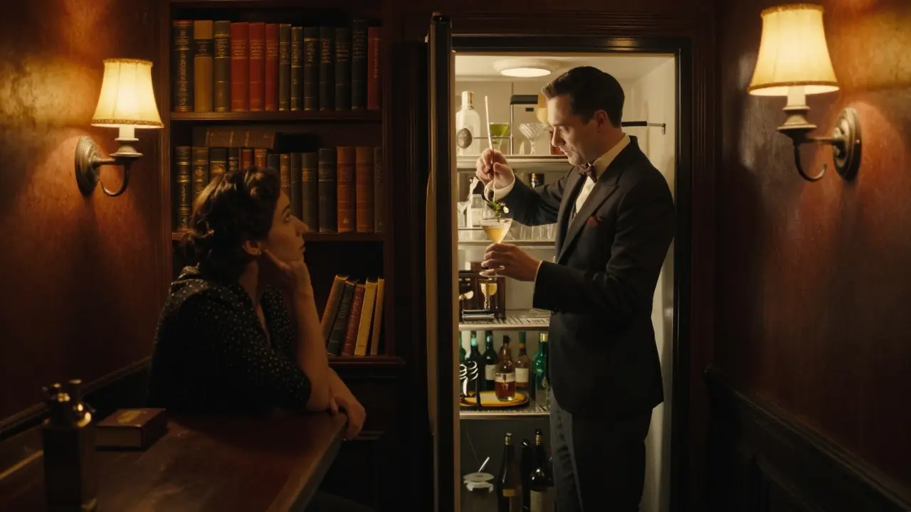 Hidden speakeasy bar with dim lighting, books, and a bartender mixing an experimental cocktail.