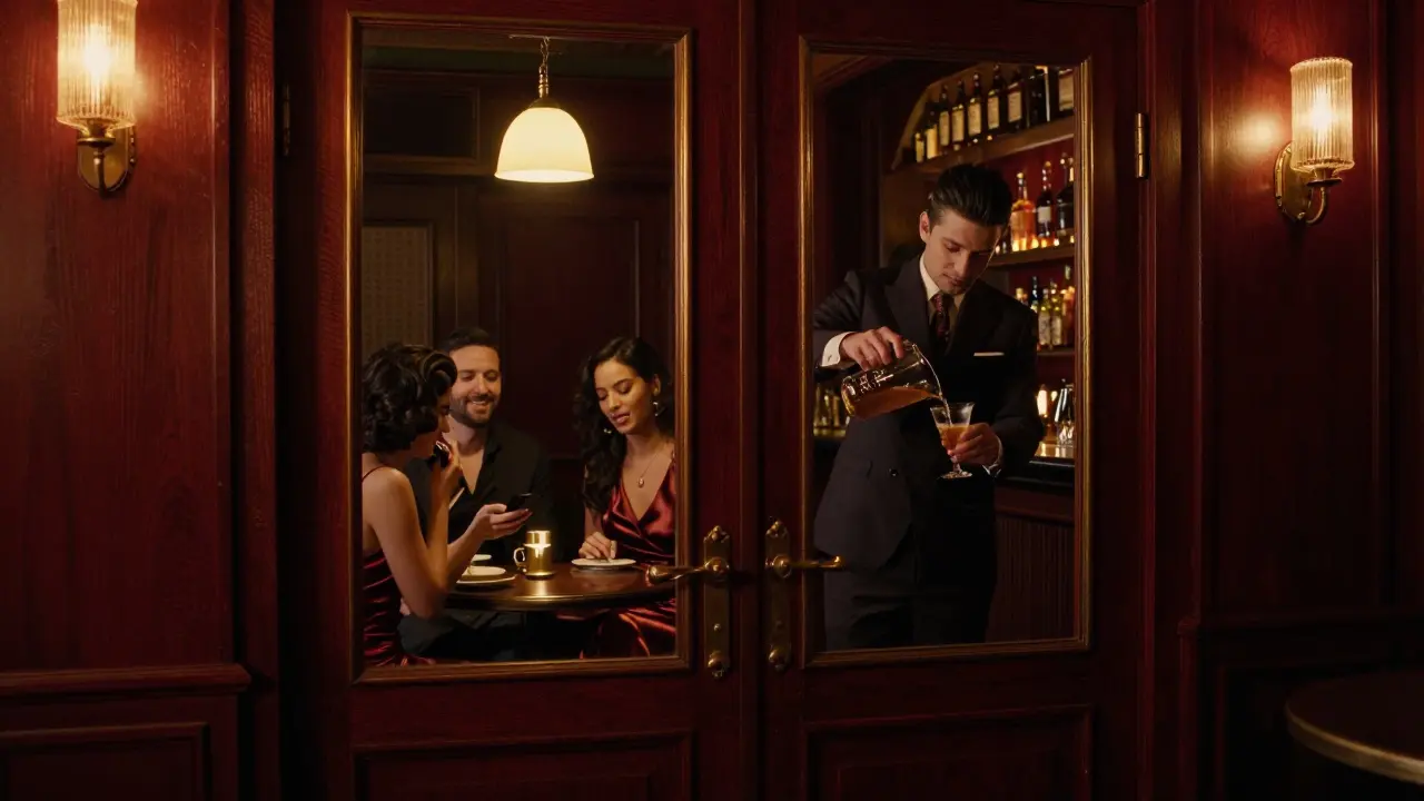 Hidden speakeasy in Dubai with dim lighting, mahogany decor, and a bartender pouring cocktails for guests.