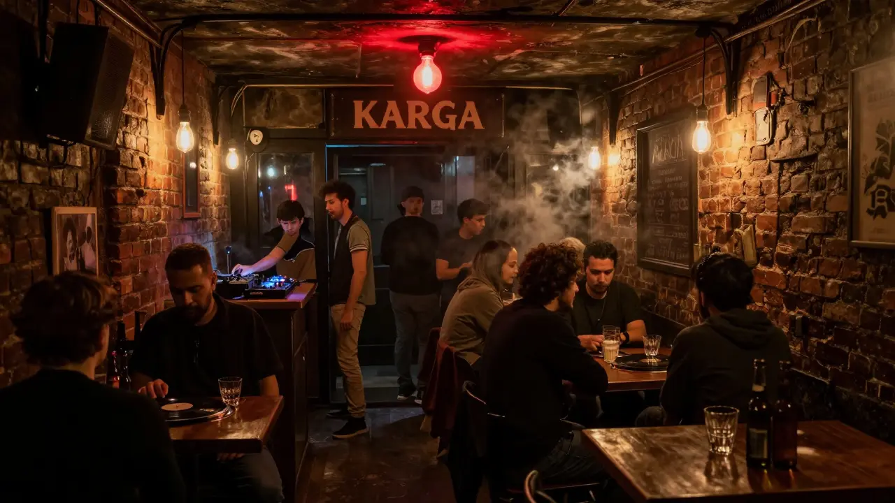 Hidden underground bar in Beyoğlu with red bulb entrance, brick walls, and vinyl DJ spinning in low light.