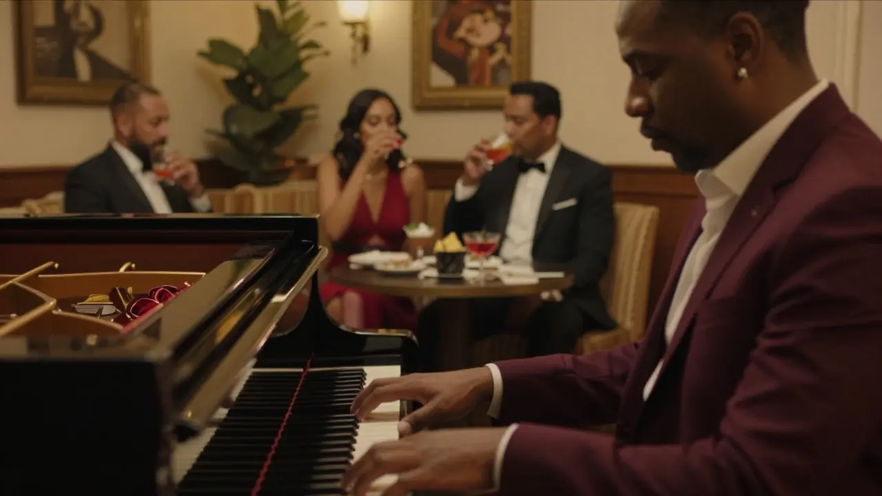 Jazz pianist performing in intimate lounge with vintage decor and soft lighting