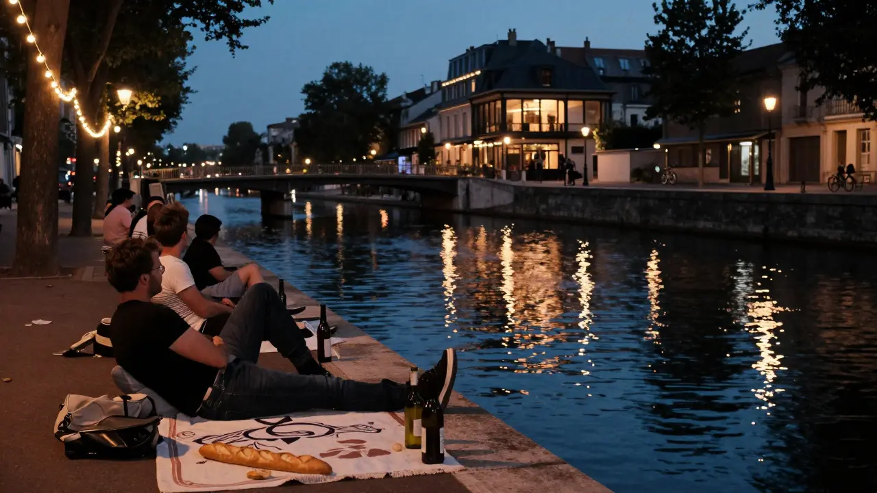 Locals relaxing by Canal Saint-Martin at night, wine bottles and string lights reflecting on dark water.
