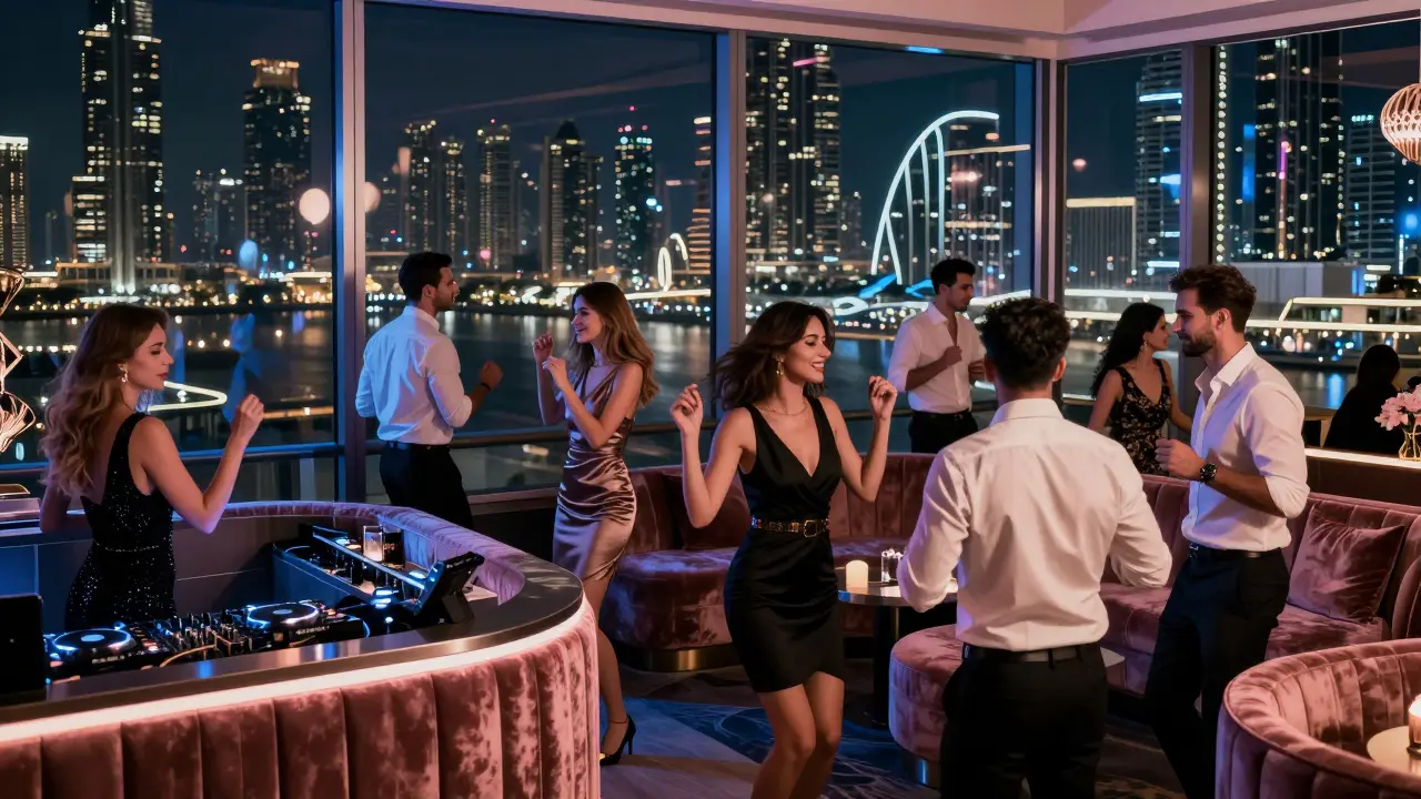 Luxurious Zeta Lounge in Dubai with velvet booths, DJ, and guests in elegant attire overlooking the city skyline.