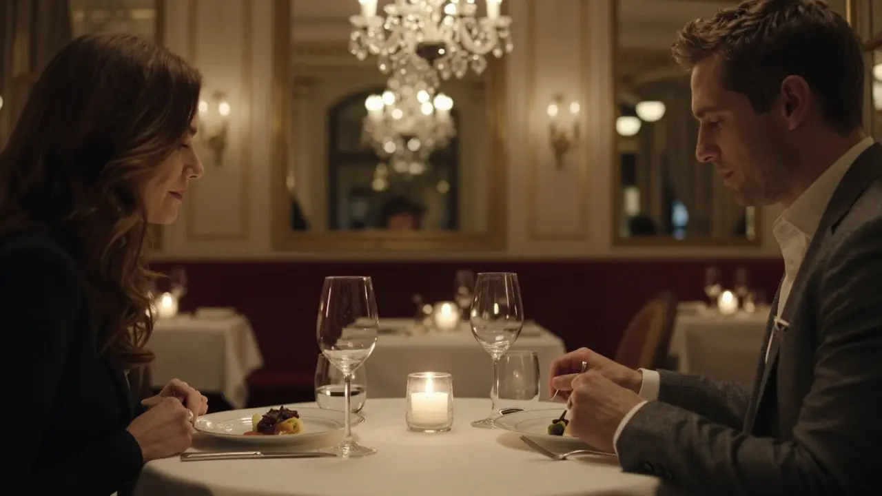 Luxury dining at Le Cinq restaurant in Paris.