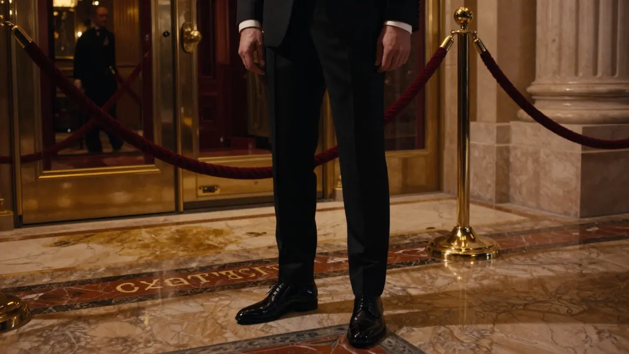 Man in tuxedo checking dress code at Monte Carlo Casino entrance