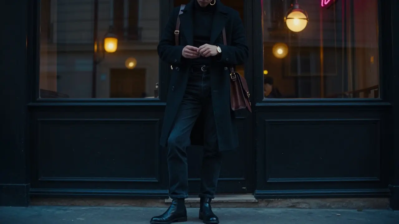 Man standing outside a jazz bar in Paris with dark jeans, black turtleneck, and wool coat, holding a vintage watch.
