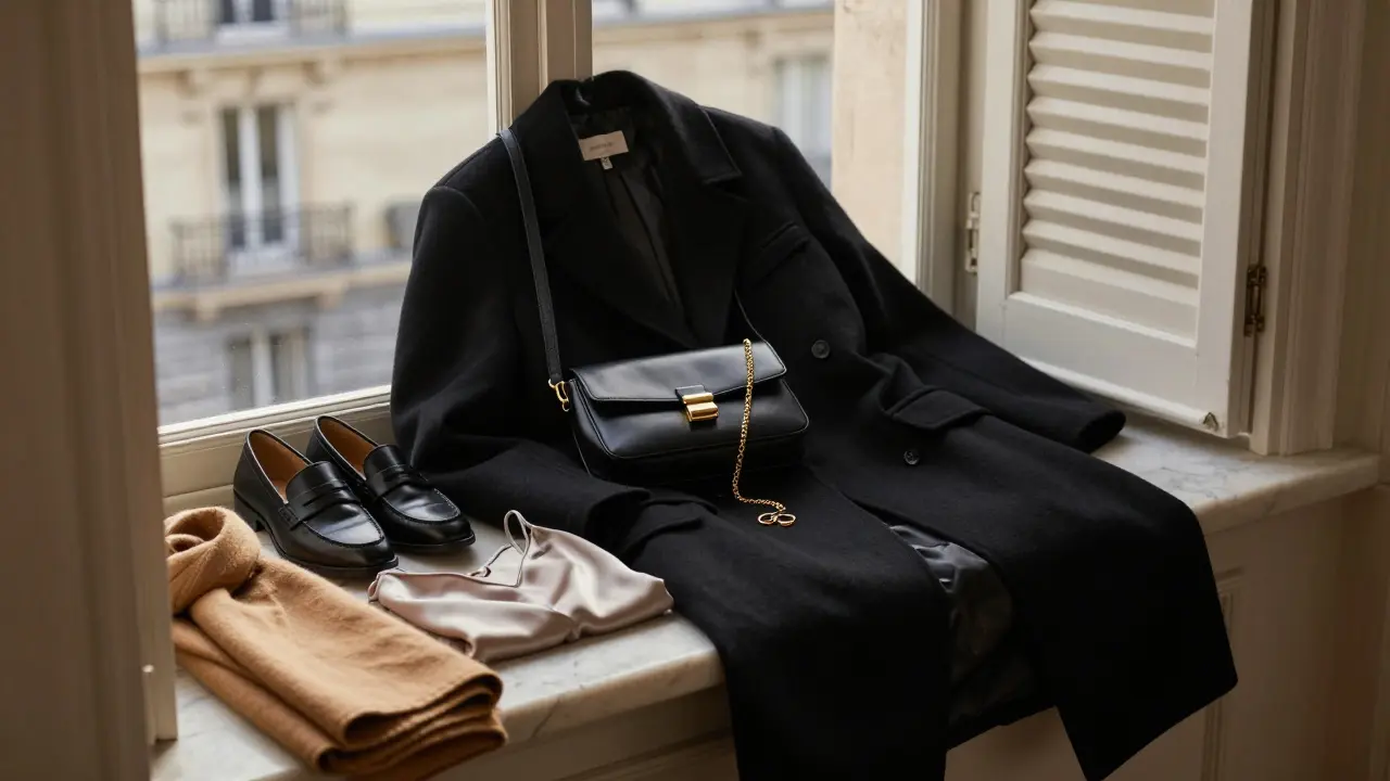Neatly arranged Parisian night-out outfit on a windowsill: coat, loafers, gold jewelry, and silk camisole.