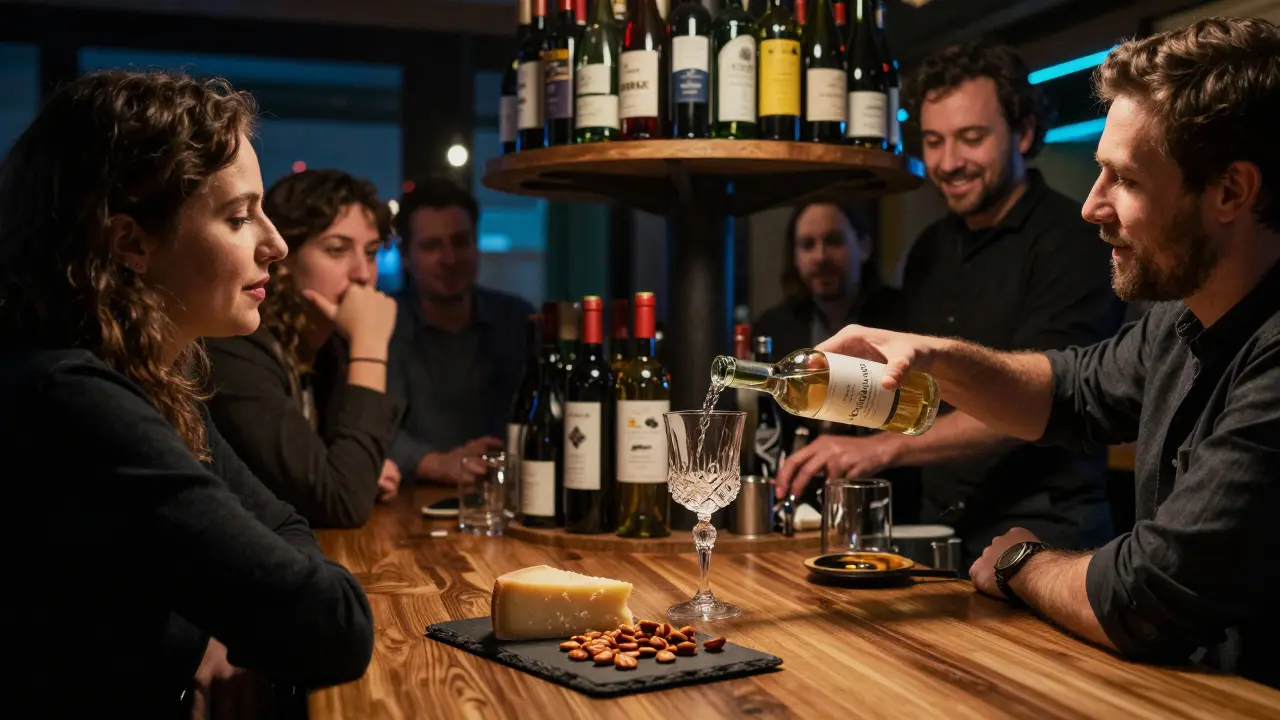 Patrons gathered at a late-night wine bar as a rare bottle is poured under soft neon light.