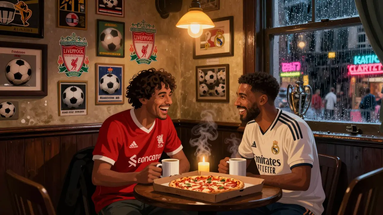 Rival football fans from Liverpool and Real Madrid sharing pizza in a cozy London pub filled with vintage team memorabilia.