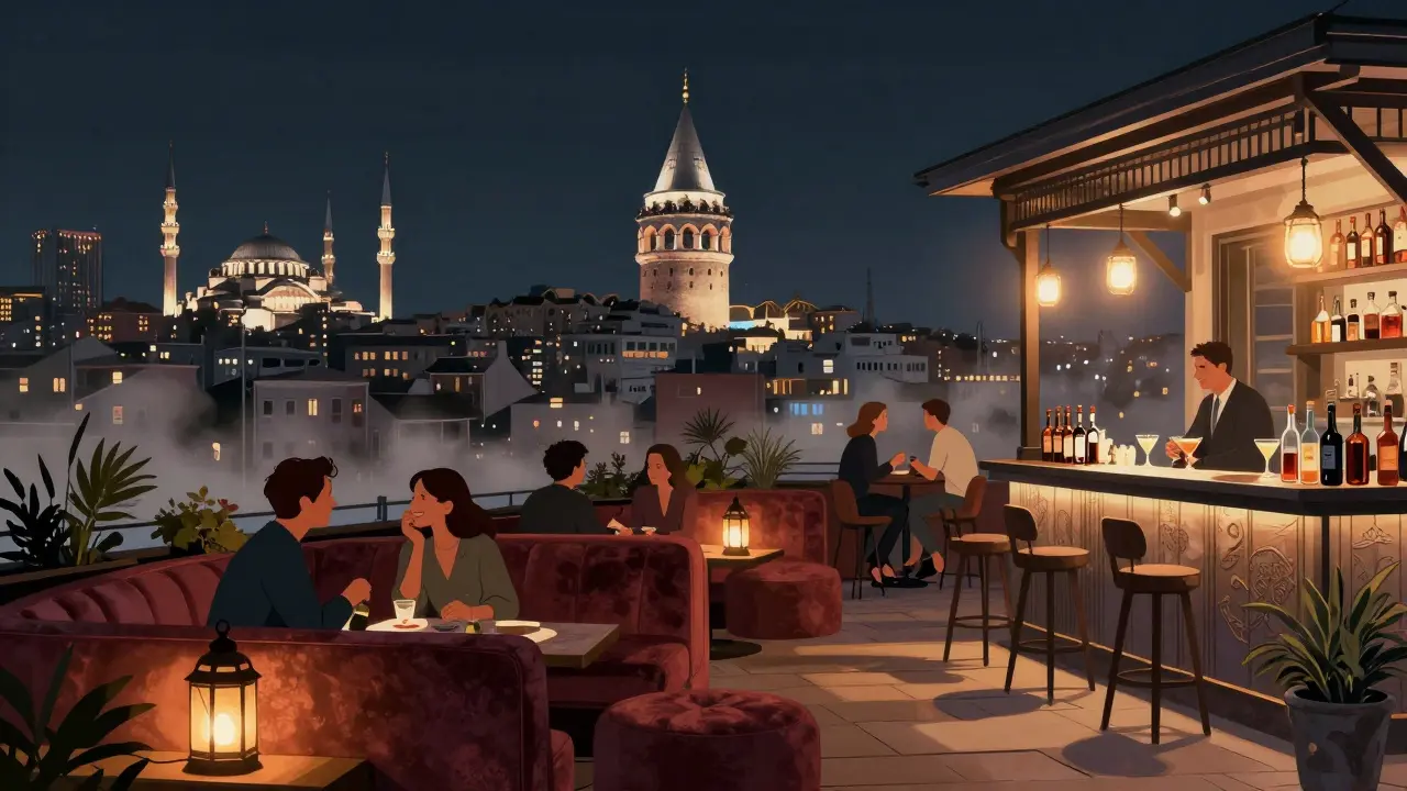 Rooftop bar in Karaköy with lanterns and skyline views, people relaxing on couches with cocktails.