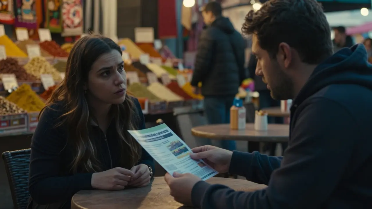 Scammer approaching tourist in market with blurred brochure