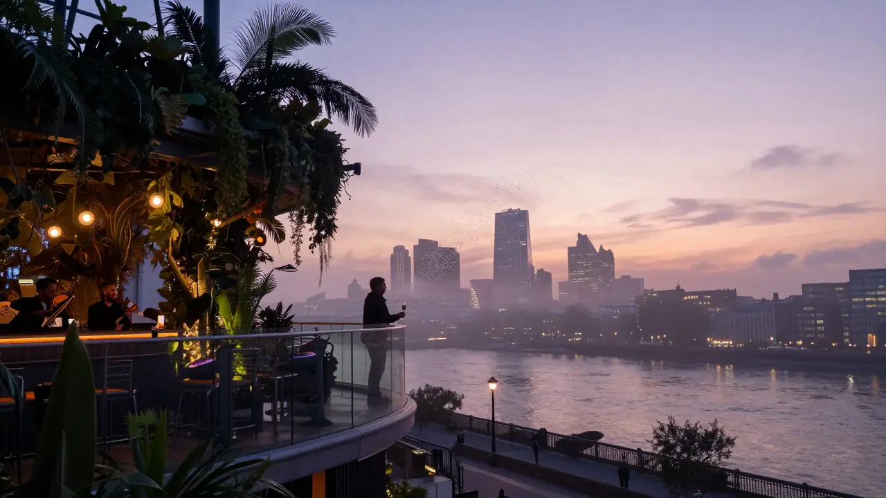 Silhouetted figure on a rooftop terrace overlooking London’s lit-up Thames at dawn.