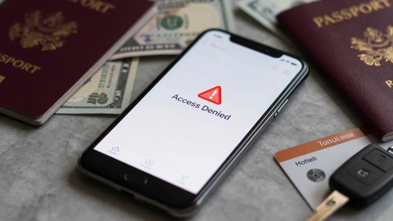 Smartphone screen with access denied warning, cash, passport, and hotel keycard on marble.